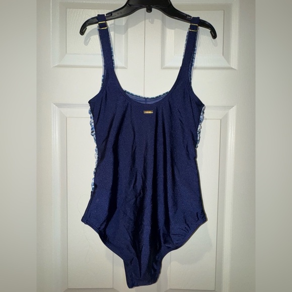 Nine West Shirred Navy Patterned One-Piece Swimsuit. Size S adjustable strap NWT - Picture 7 of 12